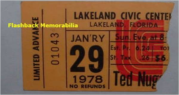 Ted Nugent show ticket#10443 with Golden Earring January 29, 1978 Lakeland, Florida (USA) - Civic Center
